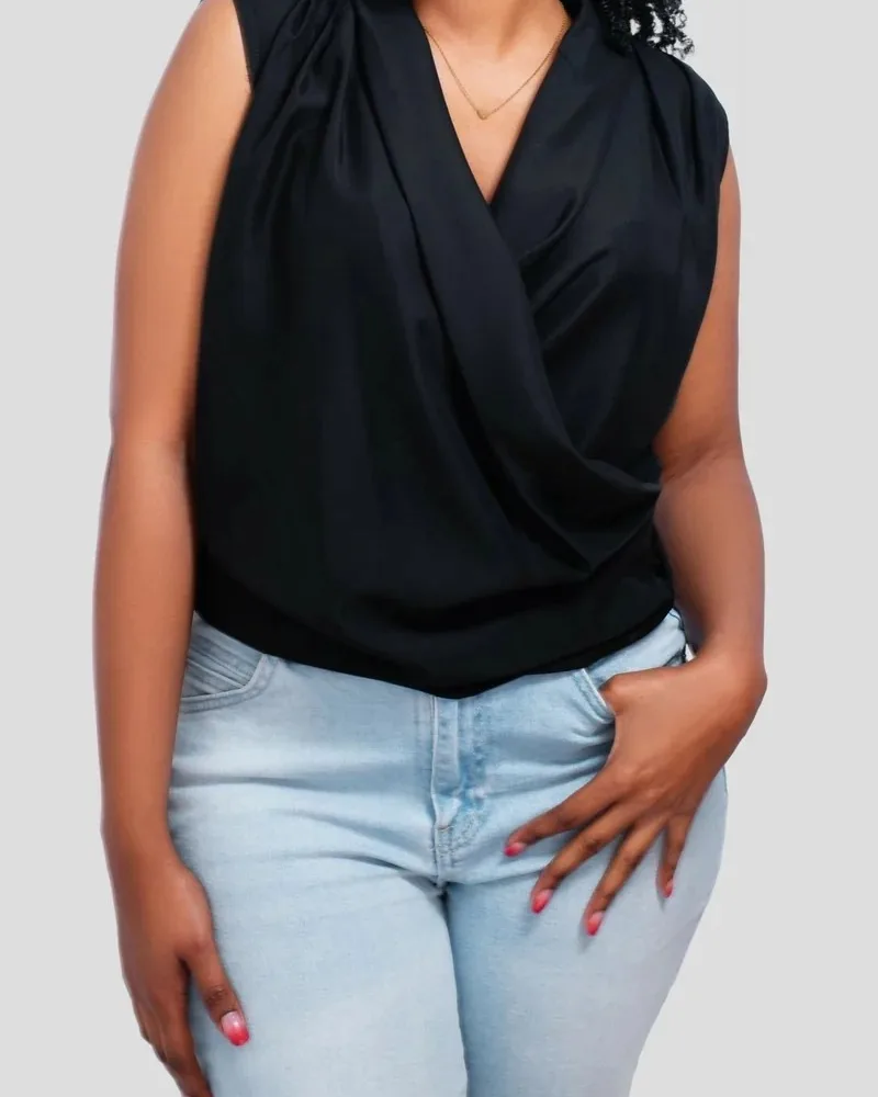 V-Neck Blouse Top - Black, Blue, and Red view 3