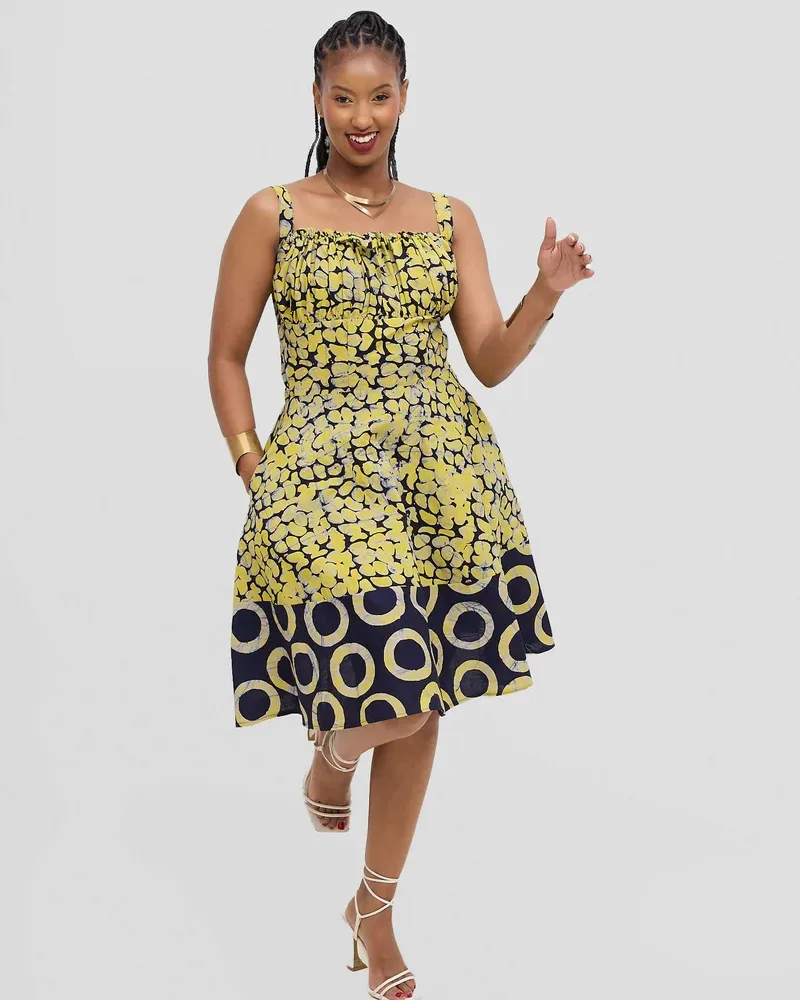 Frenzy Printed Nuru Corset Skater Dress - Yellow
